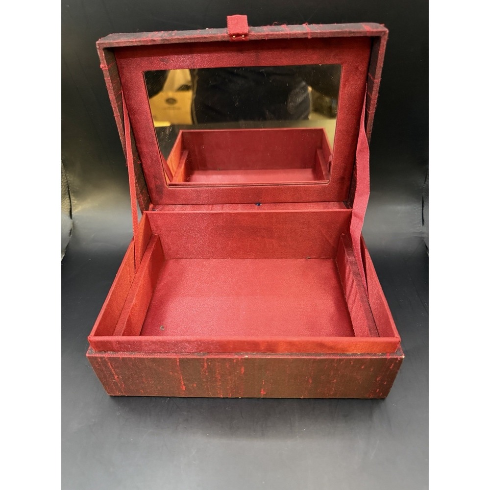 Vintage Red Beaded Jewelry Box with Mirror – Fabric Covered Trinket Chest